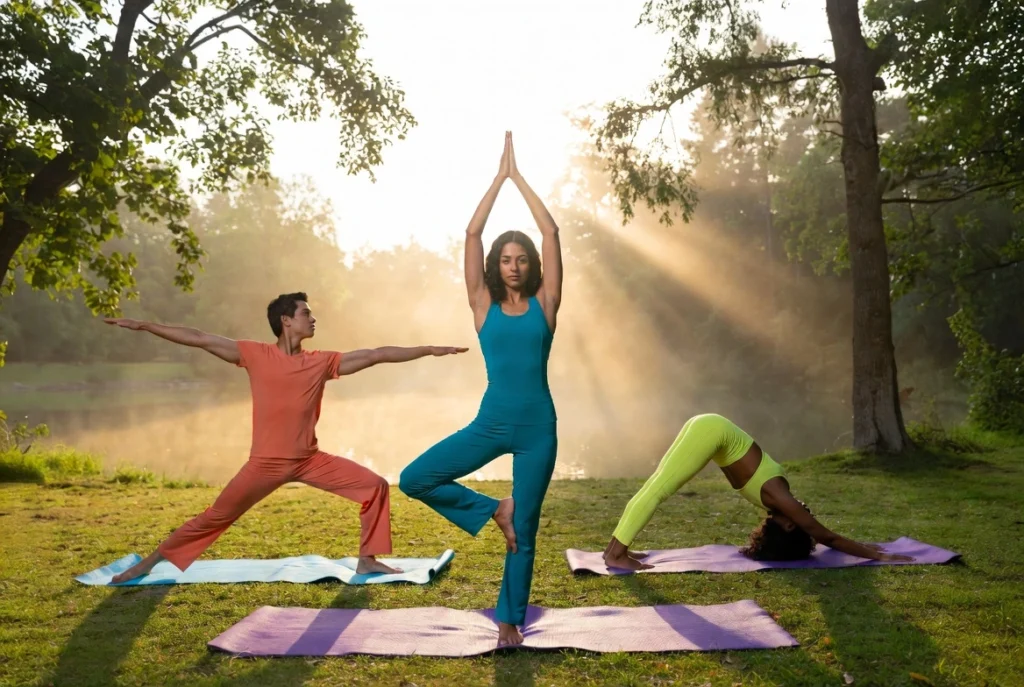 three people yoga poses